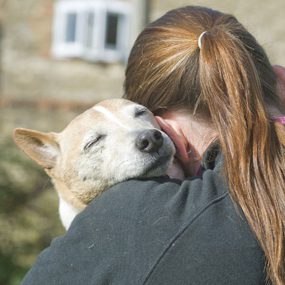 Young Women cuddling a Jack Russell Terrier dog